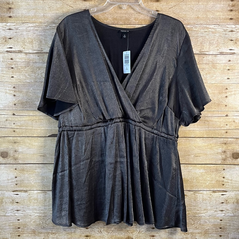 Torrid Black Shimmer Crinkle Chiffon Short Sleeve Babydoll Top Holiday 2X NWT